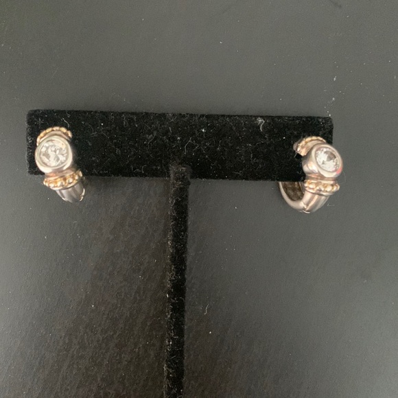 Jewelry - Silver huggy earrings. Center bezel  clear stone with Gold beading surround.